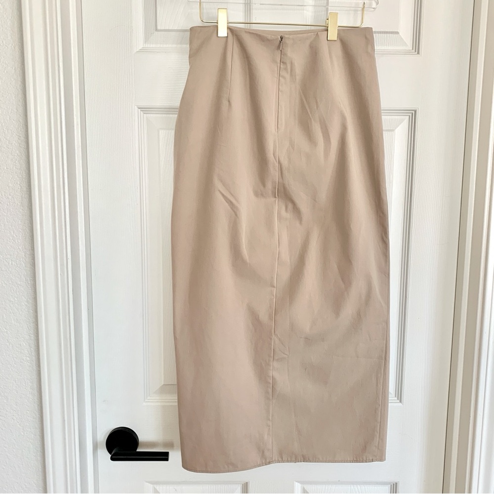 🌞 ZARA Khaki Cotton Midi Skirt with Side Ruching XS - Picture 5 of 10